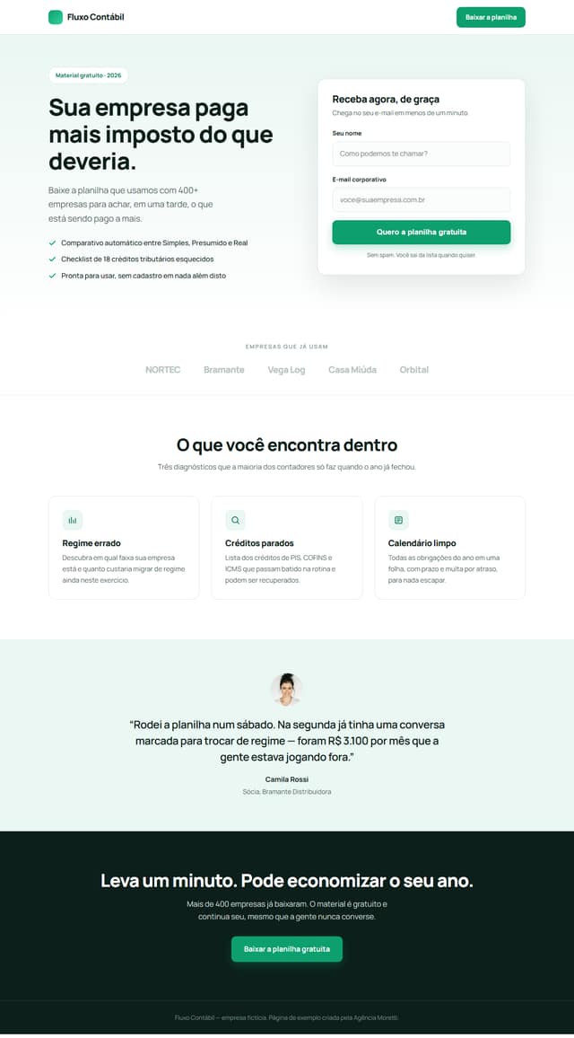 Página de exemplo do modelo Captura de leads