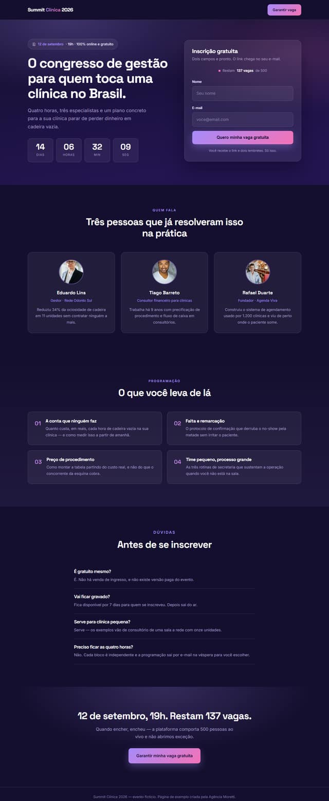 Página de exemplo do modelo Lançamento e evento